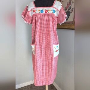 Vintage 1960s Red Gingham Dress with Floral Embroidery And Front Pockets.